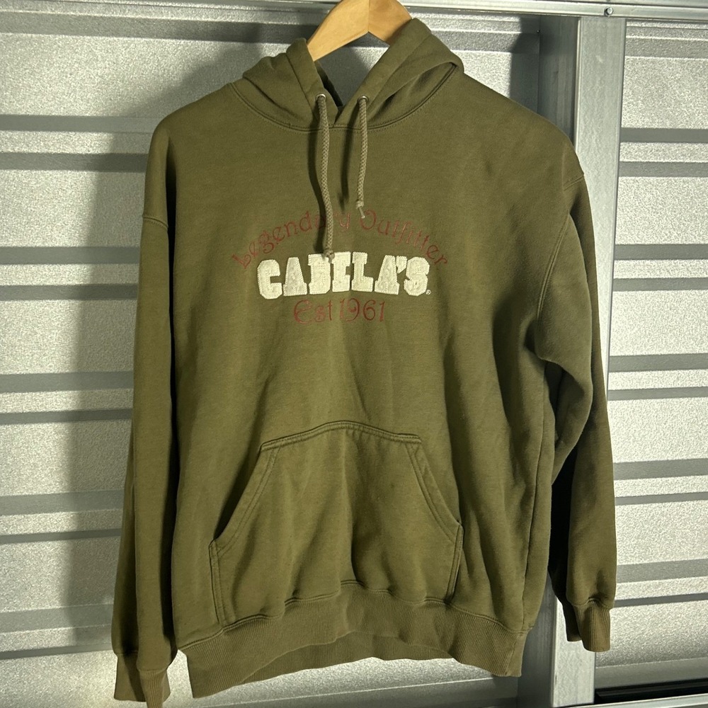 Cabelas Hoodie Mens M Green Embroidered Logo Gorpcore Cabin Fleece Pullover